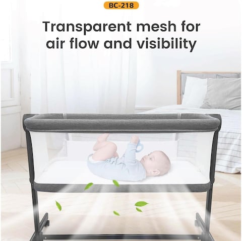 Lovely Baby Bed Bassinet LB 399, Infant Bed with Mattress, Air-flow Transparent Mesh, Lockable Wheels, 5-Adjustable Height, Age 0-6 M - Grey