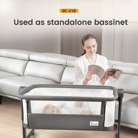 Lovely Baby Bed Bassinet LB 399, Infant Bed with Mattress, Air-flow Transparent Mesh, Lockable Wheels, 5-Adjustable Height, Age 0-6 M - Grey