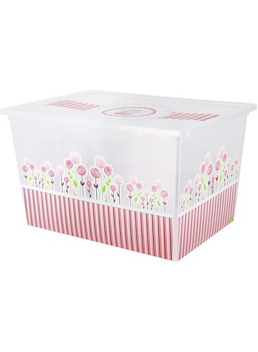 Royalford 50 L Space Saving Storage Box- RF11272 Multi-Purpose Plastic Storage Container for Storage Essentials Perfect for Biscuits, Snacks Leak-Proof, Airtight, Elegant Design Pink and White