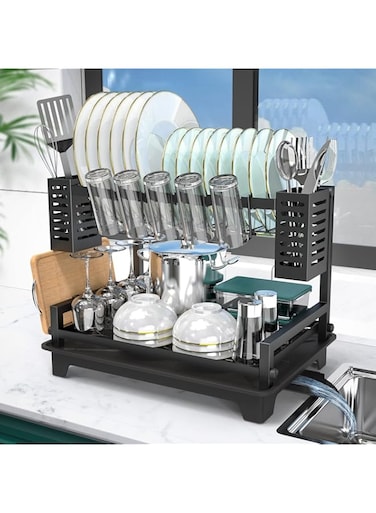 B-Land Dish Drying Rack, 2 Tier Dish Racks for Kitchen Counter, Large Dish Drying Rack with Drainboard &amp; Utensil Holders, Rust-Proof Dish Drainers,Kitchen Organization