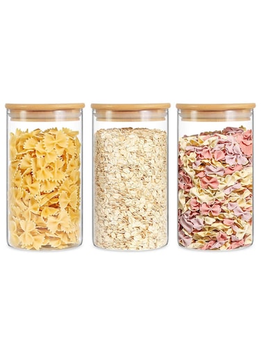 Glass Food Storage Containers Set,Spice Jar Set,3 Piece Glass Jar with Bamboo Airtight Lids and Labels, Mini Clear Food Storage Containers for Pantry for Tea, Herbs, Sugar (3PC, 1400ml)