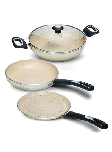 Migo Non Stick Cookware Set   4 Pcs Induction Bottom Cookware Set 3 mm Thick, Festival Gift Set, 5-Layer Super Granite Non-Stick Coated Cookware Set, Two Sides Spatter Design,Kadai pan 24cm, Tawa Pan 24cm, Fry Pan 24cm &amp; 1 Glass Lid 24cm   1 Year Warranty - FKT Beige