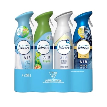 Febreze Air Freshener Variety Pack, 4 X 250g Aerosol Spray, Linen &amp; Sky, Original Gain, Fresh Lemon &amp; Ocean, Odor-Fighting Air Freshener For Home, Bathroom &amp; Office