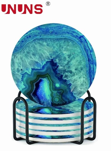 Drink Coasters With Holder,6-Piece Marble Ocean Coasters For Table,Ceramic Absorb Stone Coasters With Cork Base,4 Inches,Ceramic Coasters,Suitable For Kinds Of Cups
