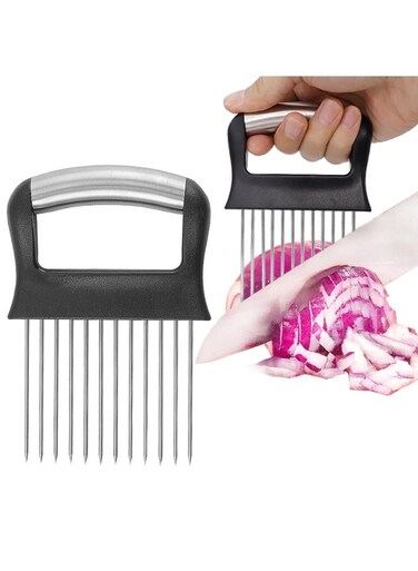 Stainless Steel Onion Slicer And Wavy Potato Cutter - Multi-Function Crinkle Cut French Fry Slicer Machine With Comfort Handle - Vegetable Slicer - Multi-Cutter for Potato Tomato Lemon with Meat Tenderizer - Easy To Clean Kitchen Tool For Home Cooking (14*9 Cm, Black/Silver)