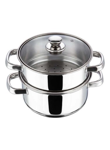 Stainless Steel 2-Tier Steamer with Glass Lid, 24 cm   2.5mm Thick Base   Multi-Purpose Steaming   Induction &amp; Gas Stove Compatible   Silver