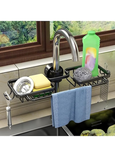 Generic Aluminum Kitchen Faucet Sponge Holder-Space-Saving, Double Sided &amp; Front Rod, Durable anti-rust, Organizer with Easy Draining Shelf For Kitchen and Bathroom Storage,(silver and black), SS 10
