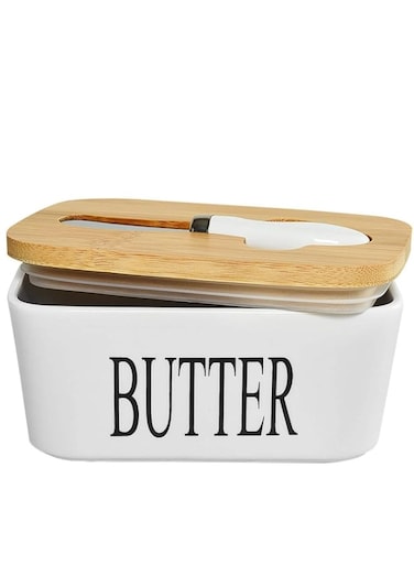 Weyeena Ceramic Butter Dish with Lid for Countertop (650 ML), Large Airtight Butter Container Covered Butter Dish, Porcelain Farmhouse Butter Container with Bamboo Lid &amp; Butter Knife