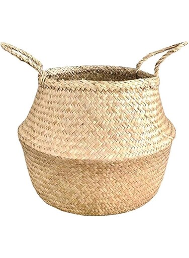 FIRST-MALL Natural Craft Large Size Seagrass Belly Basket for Storage, Laundry, Picnic and Woven Straw Beach Bag - Plant Pots Cover Indoor Decorative (M)