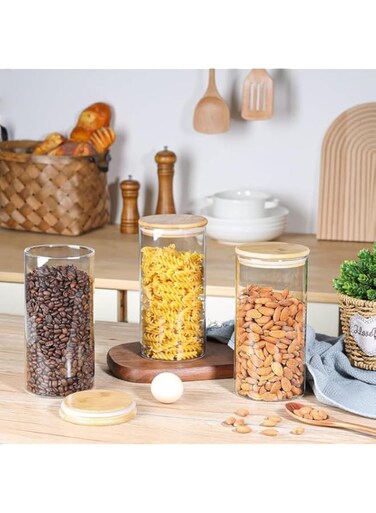 Mash 3-Piece Kitchen Food Storage Round Glass Canister Jar With Airtight Bamboo Lid For Cereals, Pasta, Tea, Coffee, Snacks, And Spices - 1200 ML Transparent