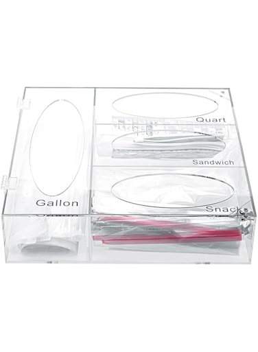 Acrylic Ziplock Food Bag Storage Organizer Acrylic Baggie Organizer, Acrylic Kitchen Drawer Baggie Box For Gallon Quart Sandwich Snack, Compatible With Variety Size Ziplock Bags Dispenser (Clear)