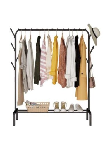 Cloth Rack Hanger Stand Clothes Dryer Rail With 8 Piece Branch Hook Bottom Storage Large Space For Shoes Umbrella Hats Scarf Handbag - Black