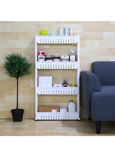Ebee 4 Layer Storage Organizer Slim Plastic Rack Shelf with Wheels White, Plastic Shelves