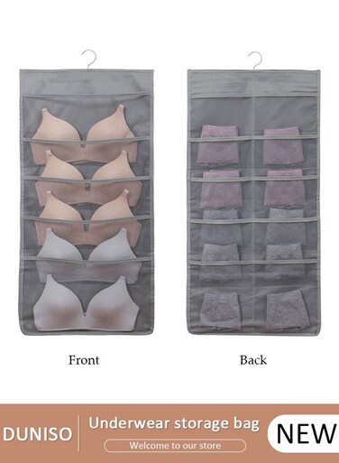 Dual Sided Wall Closet Hanging Organizer Storage with Mesh Pockets for Underwear Bra Underpants Socks (Gray 5+10 Pockets)