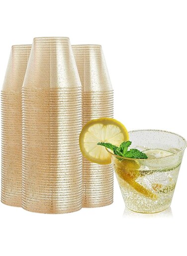 Tazweeq 100 Pcs 9 oz Gold Plastic Cups, Small Glitter Disposable Cups, Disposable Gold Cups, Glitter Plastic Cups for Parties Halloween, Thanksgiving, Wedding