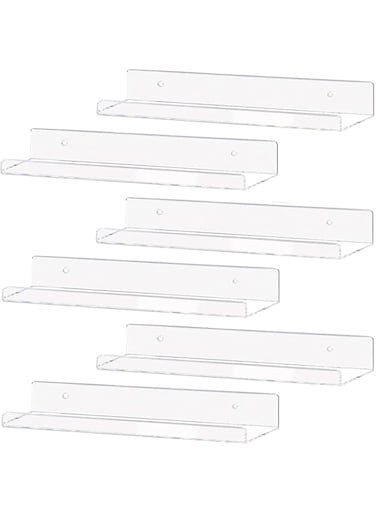 BPA&reg; Clear Acrylic Shelf Invisible Floating Wall Ledge Bookshelf, Kids Book Display Shelves Wall Mounted, 6 Pack, 15 In