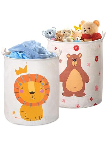 URbazaar 2 Pcs Laundry Basket,Collapsible Large Cartoon Printing Laundry Baskets with Carry Handles Freestanding Waterproof Clothes Hamper Storage Basket for Toys Clothes Organizer (Lion+Bear)