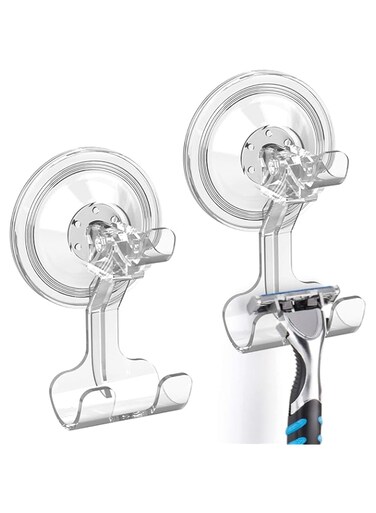 Razor Holder 2 Pack Suction Cup Hooks Bathroom No Drilling Strong Double Hook Waterproof Reusable Vacuum Wall Hook for Razor Shower Tile Bathroom Kitchen Glass Wall, Transparent, up to 3 kg