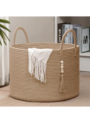 Handwoven Rope Basket with Tassel, 50 cm, Beige (Jute)