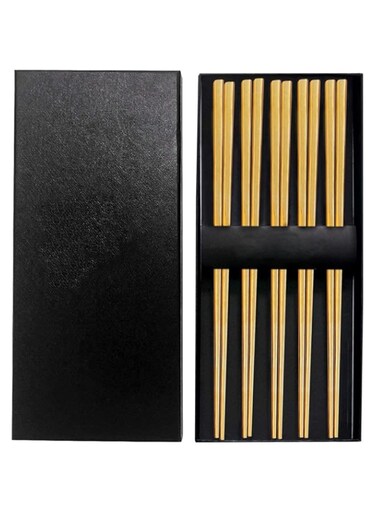 KASTWAVE Chopsticks, Stainless Steel Chopsticks - Gold Reusable Chopsticks - 5 Pairs Dishwasher Safe Metal Stainless Chopsticks Lightweight - Easy to Use - Square Lightweight Chop Sticks - Gift Set