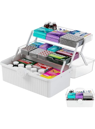 Medicine Storage Box,Fohome Large Capacity Medicine Box with Handles,3 Layer Medicine Organizer First Aid Box,Multifunctional Tackle Box Organizers