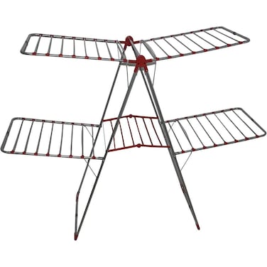 Double Layer Foldable Cloth Drying Rack - 2 Tier Heavy Duty Indoor Outdoor Laundry Stand - Red/Silver

