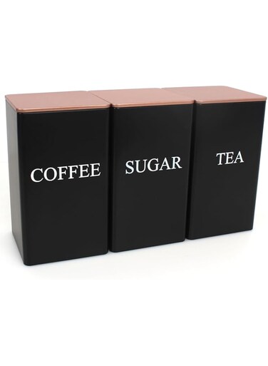 BEVKAF Tea Coffee Sugar Canisters, 1000ML 3 Piece of Metal Canister Storage Jar Container Set With Airtight Lid (Black-Rose gold)