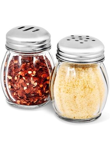6-Ounces Glass Spices Shaker With Perforated Stainless Steel Top And Parmesan Cheese Shaker With Slotted Stainless Steel Top/Set of 2/Bulk Swirl Retro Style Dispensers With Lids/Salt &amp; Pepper Shakers