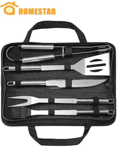 5 Pieces Stainless Steel BBQ Grill Tool Set with Knife, Brush, Fork Spatula, and Tong with Oxford Bag