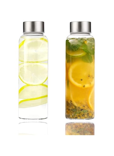 Angju Glass Water Bottles with Lids   Natural BPA Free Eco Friendly, Reusable Refillable Water Bottles for Juicing   Wide Mouth Liquid Storage Containers for Refrigerator, 18 oz Water Bottle Set of 2