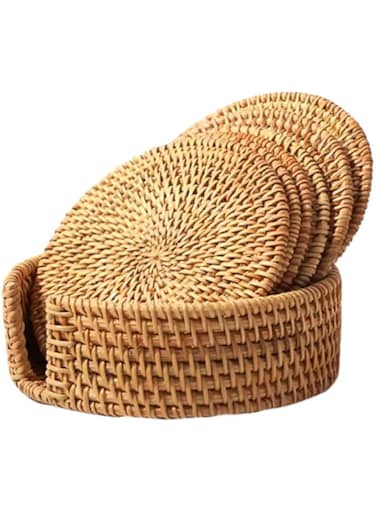 BESTonZON 13 CM Round Natural Rattan Heat Resistant Mats Hot Dishes-Insulated Hot Pads Durable Pot holder for Table Pots Pans &amp; Teapots(Vertical Coaster Set)