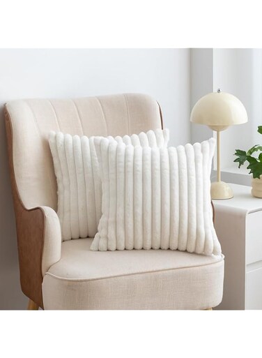 Faux Fur Plush Throw Pillow Covers,18x18Inch Set of 2,Soft Soft Boho Striped Decorative Pillow Covers,Square Cushion Cases for Couch Bed,Bedroom,Living Room(White 45x45cm-2Pack)