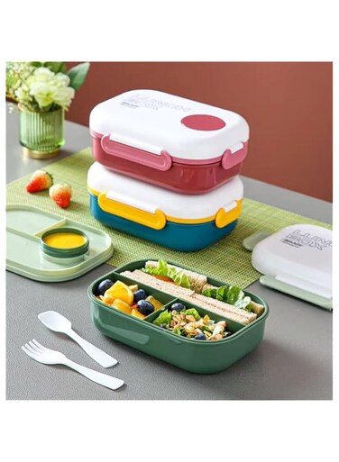 Lunch box for school, 3 compartments for student kids work office bento lunch box 1100ml with Reusable Spoon and Fork, with Sauce/Ketchup container (Maroon)