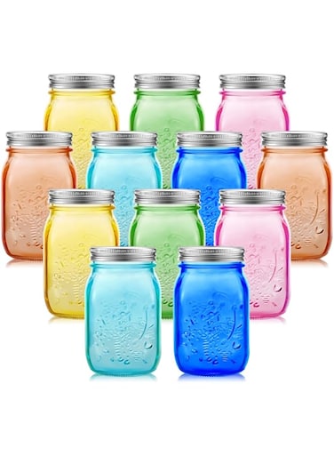 Tessco 12 Pieces 16 oz Colored Mason Jars with Lids Glass Regular Mouth Canning Jar Pint Mason Jars 6 Colors