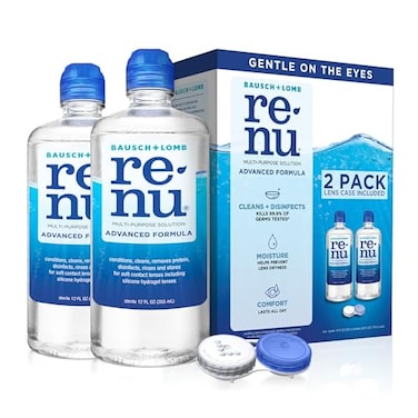 Renu Contact Lens Solution Advanced Formula Multipurpose Lens Cleaner For Eye Contacts, Cleaning, Moisturizing And Disinfecting Care For Soft &amp; Silicon Hydrogel Lenses, 12 Fl Oz (Pack Of 2)