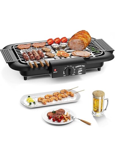 Electric BBQ Grill, Smokeless Non-Stick Indoor/Outdoor Barbecue Grill, 2000W Double tube High Power Portable Removable Stand Grill for BBQ Party (Premium Black)
