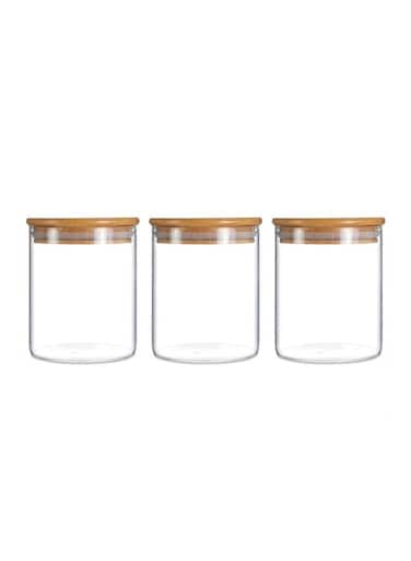 3 Piece Glass Food Storage Jar Set With Airtight Bamboo Lid Clear 500ml