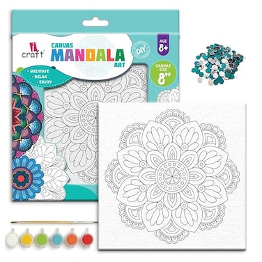 iCraft Inner Radiance Mandala Art Kit with 8" Pre-Marked Canvas - Complete DIY Painting Craft Kit for Adults &amp; Kids Includes Chalk Paints, Mirror Beads &amp; Brushes (Inner Radiance Mandala 1)