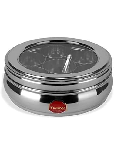 Sumeet Stainless Belly Shape Masala Spice Container Box/Dabba/Organiser With See Through Lid With 7 Containers And Small Spoon Size No. 10 1.1Ltr Steel