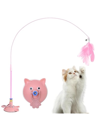URbazaar Cat Feather Toys,Cat Wand Toy with Powerful Suction Cup Feathers Detachable Cat Toys, Interactive Kitten Sticks for Indoor Exercise and Play (Pink)