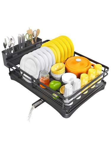 Dish Drying Rack with Tray,Dish Rack,Dish Racks for Kitchen Counter,Dish Drainer with Removable Utensil Holder,Drainboard and Swivel Spout(Black Metal)