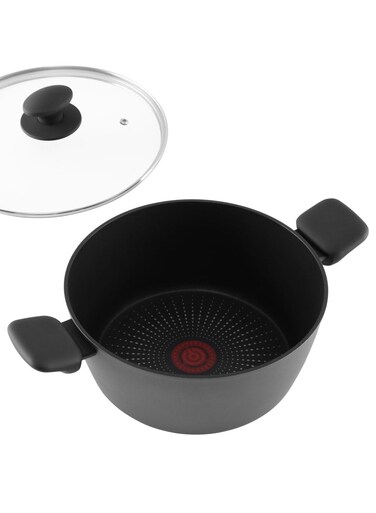 East 24 cm Aluminium Non-Stick Casserole with Tempered Glass Lid, Ergonomic Plastic Handles, Dishwasher Safe, Suitable for Gas, Electric, and Ceramic Stoves, PTFE/PFOA-Free - Black