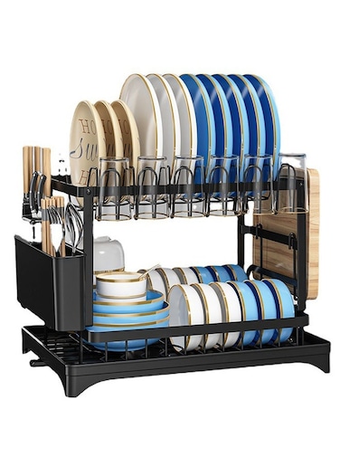 Dish Drying Rack, Large-Capacity Dish Rack for Kitchen Counter, Dish Drainer Space-Saving, 2-Tier Kitchen Dish Drying Rack, for Dishes, Knives, Spoons and Forks (16.5x11.8x11.4in)