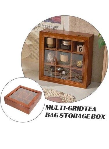 Tea Box Bag Organizer, 9 Compartments Wood Storage Holder with Clear Lid, Chest Container Rustic Organizer for Bags, Coffee Pods, Sugar