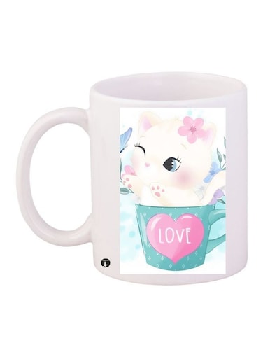 Cartoon Cat Printed Coffee Mug White/Blue/Pink 11ounce