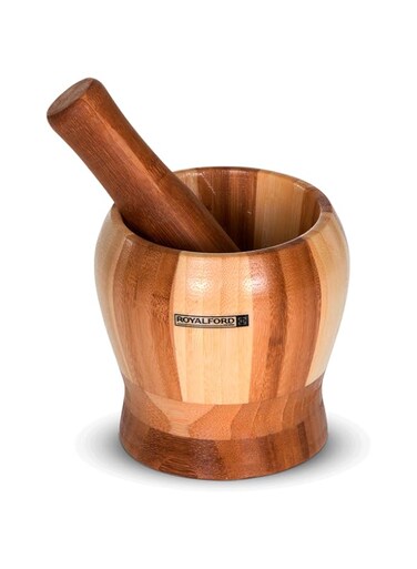 Royalford Pestle &amp; Mortar Set   Premium Bamboo   16cm (6.3") Diameter   Ideal for Herbs, Spices, Ginger, Garlic Grinder &amp; Crusher   Natural Pestle &amp; Mortar Set   Durable, Long-Lasting &amp; Easy Cleaning