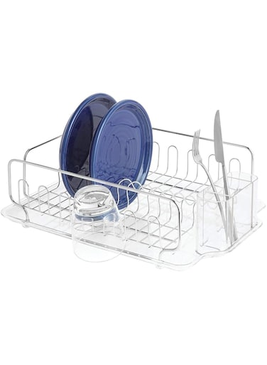 Idesign Forma Stainless Steel Sink Dish Drainer Rack With Tray Kitchen DryingRack For DryingGlasses, Silverware, Bowls, Plates, Clear