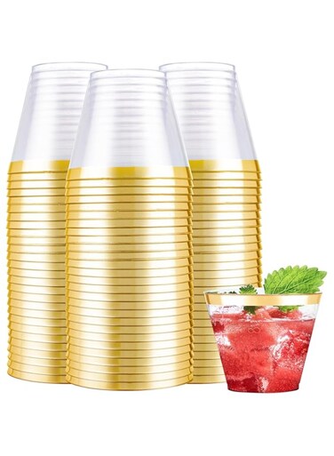 KASTWAVE Disposable Plastic Cups, 50 Pcs Elegant Rose Gold Rimmed Plastic Cups 9oz Clear Plastic Cups, Gold Disposable Cups Plastic, Clear Plastic Cups for Wedding Party (GOLD)