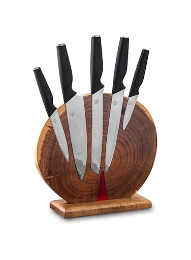 B&amp;S Premium 5-Piece Kitchen Knife Set with Wooden Block Stand, Damascus Steel Blades, Black Ergonomic Handles,pass the European LFGB standard,ZT0015