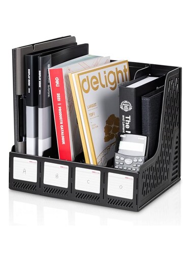 Deli Magazine File Holder, Desk Organizer Folder for Office Organization and Storage, Sturdy Plastic Binder Organizer, 4 Vertical Compartments, Black